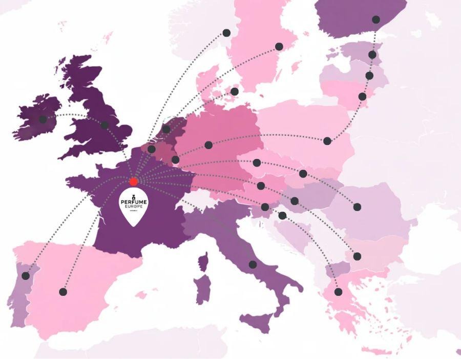 A map of Europe showing the logistics network and delivery routes for European perfume wholesale operations