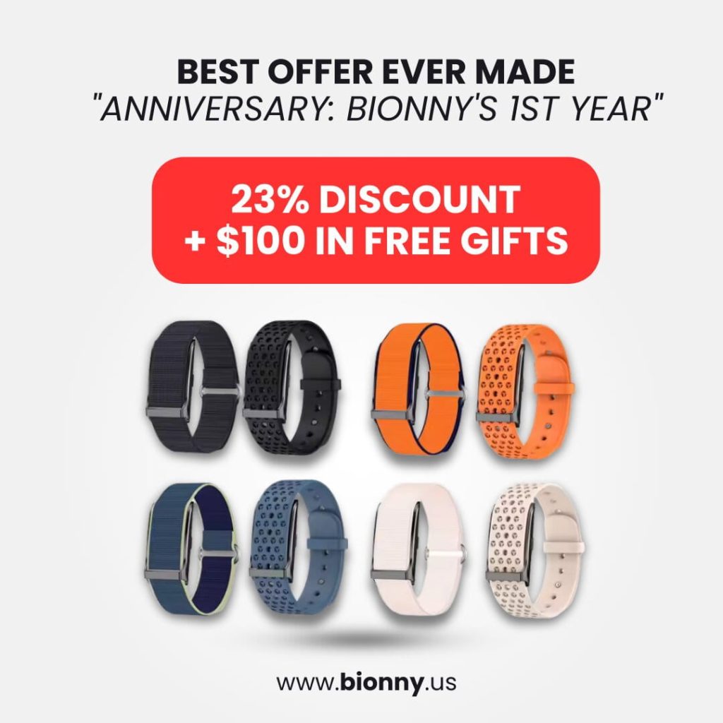 A collection of colorful Bionny 4.0 fitness tracker bands featuring the 1st-year anniversary discount